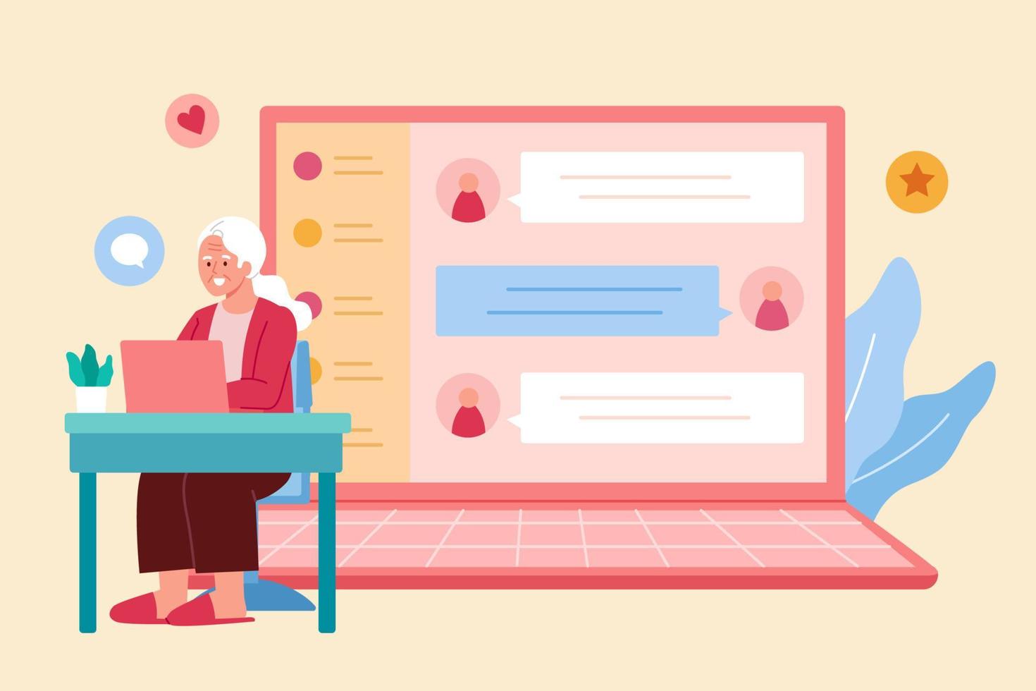 Sambuco sms attraverso messaggistica app. piatto illustrazione di un anziano donna invio testo messaggi utilizzando computer Software vettore