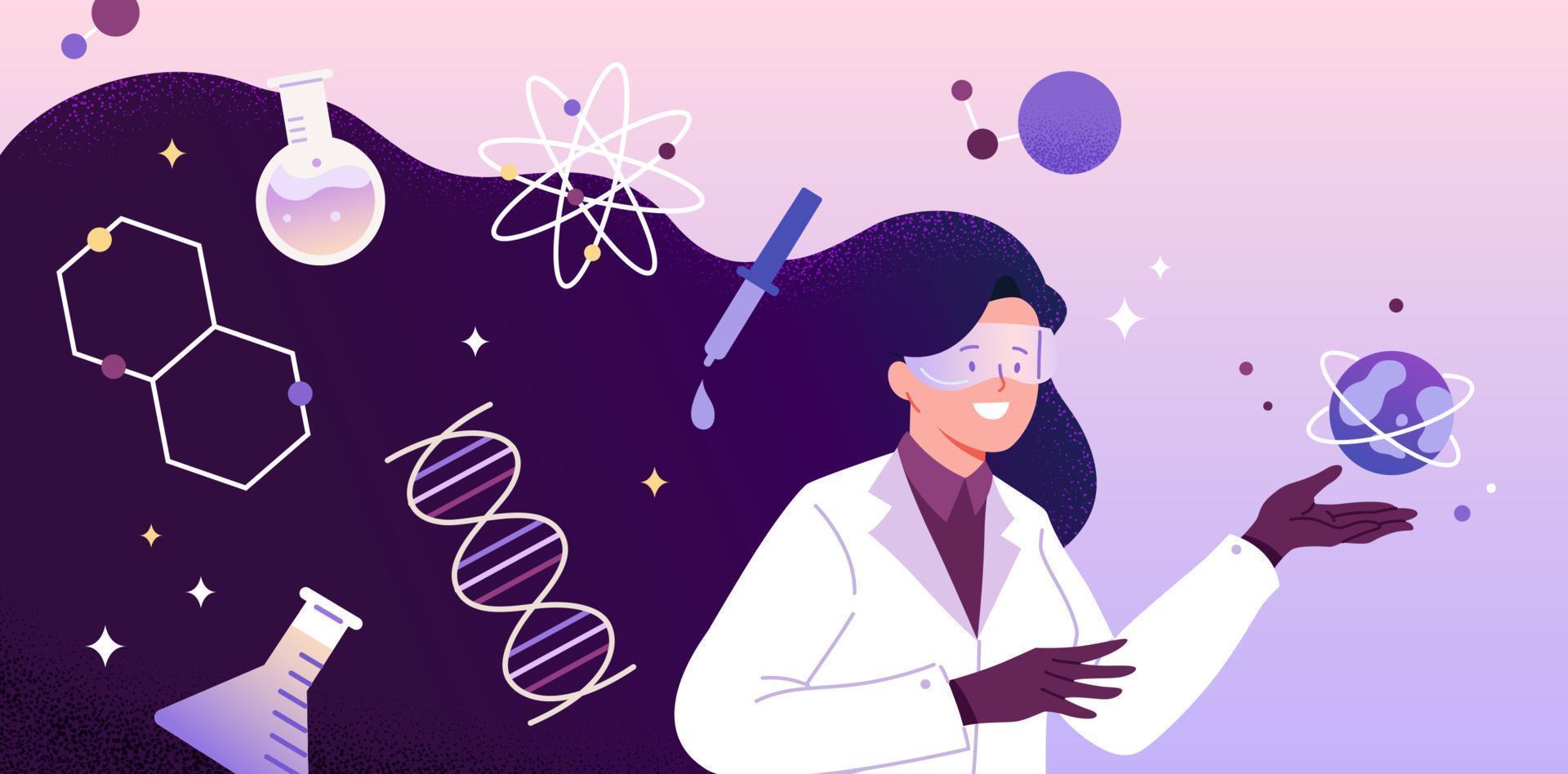 femmina scienziato testa con lungo capelli, piatto vettore illustrazione. chimico formula, apparato nel capelli di un' donna scienza ricercatore.