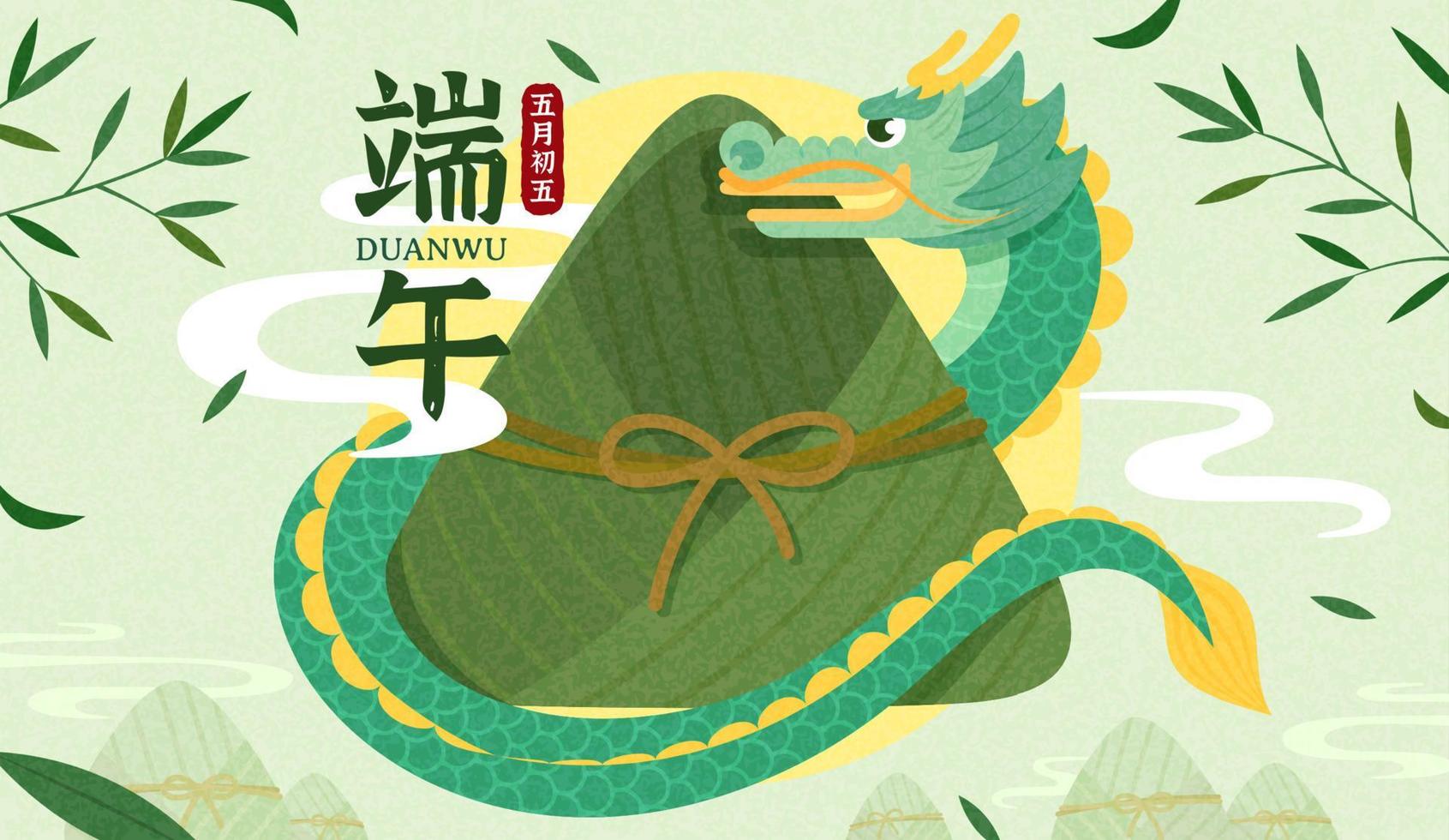 Cinese Drago circonda un gigante zongzi. progettato nel piatto su verde sfondo. Drago barca Festival e il quinto di Maggio scritto nel Cinese vettore