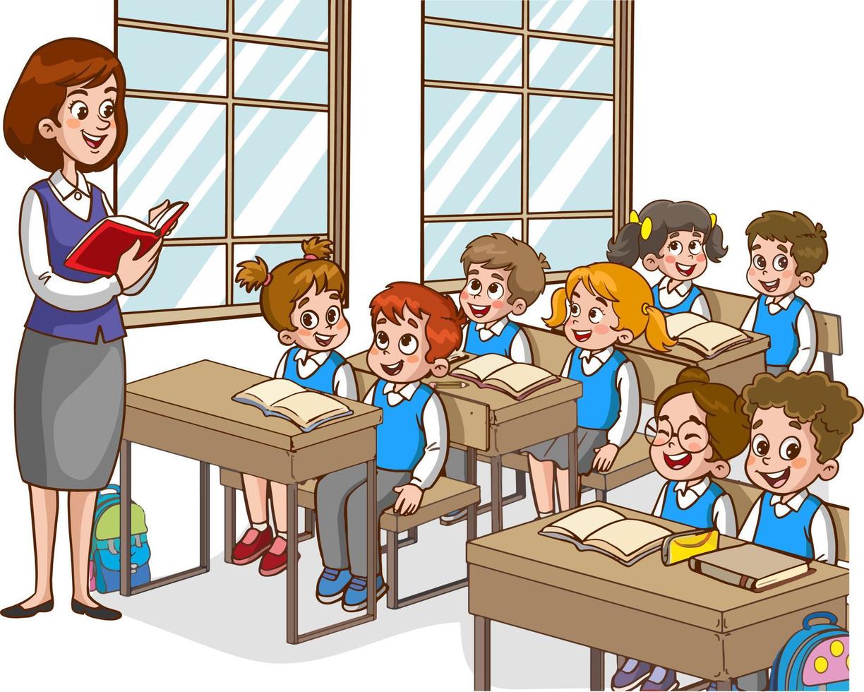 illustrazione con bambini e insegnante nel un' aula. formazione scolastica illustrazione. vettore interno. insegnante con allievi nel un' aula. primario scuola bambini. bambini ascolta per insegnante.