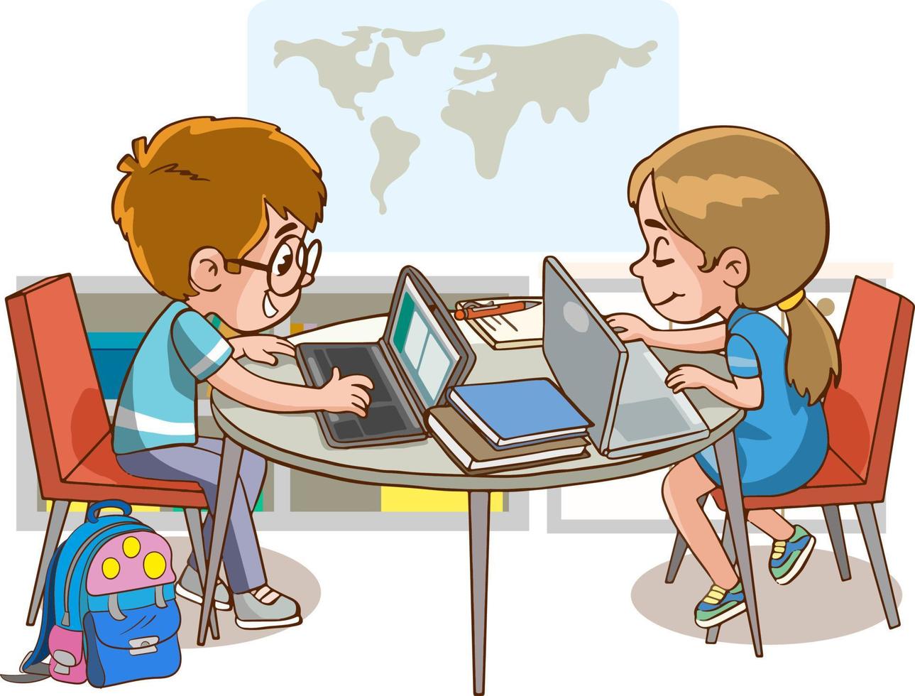 compagne di classe seduta a tavolo. contento bambini bambini seduta a computer portatili e apprendimento programmazione durante scuola lezione vettore