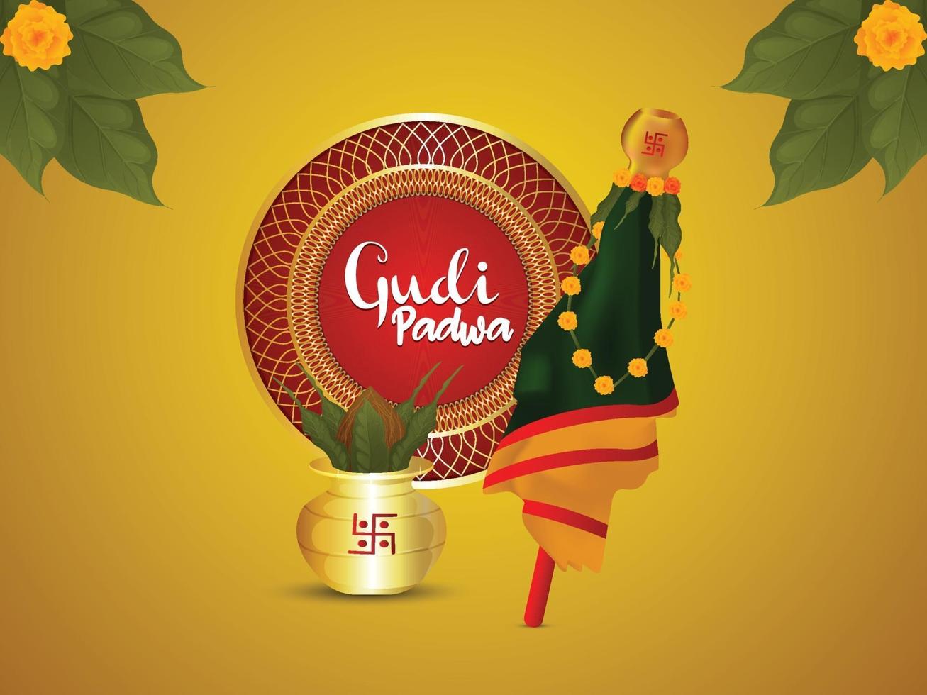 felice sfondo gudi padwa con kalash e bambù creativi vettore