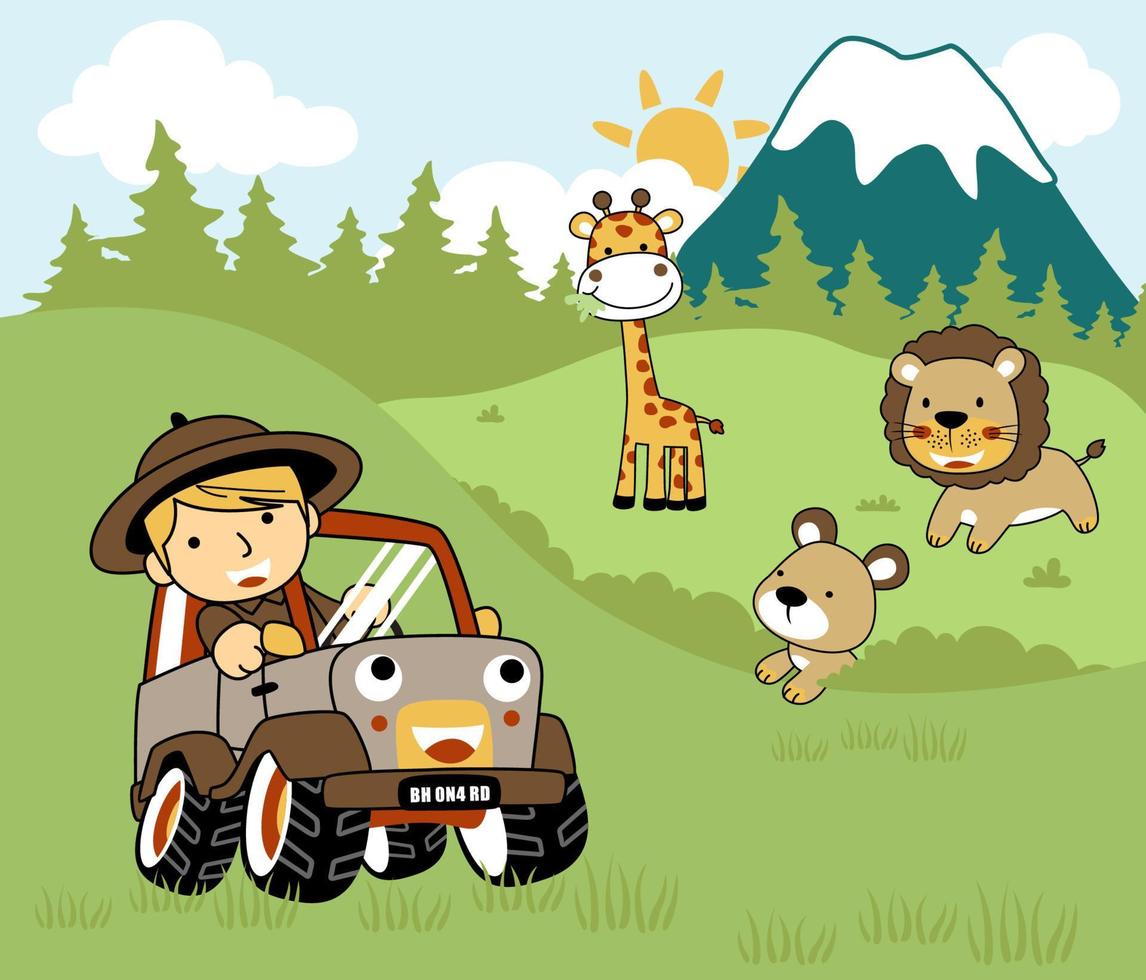 poco ragazzo su auto nel il safari parco con amichevole animali, vettore cartone animato illustrazione