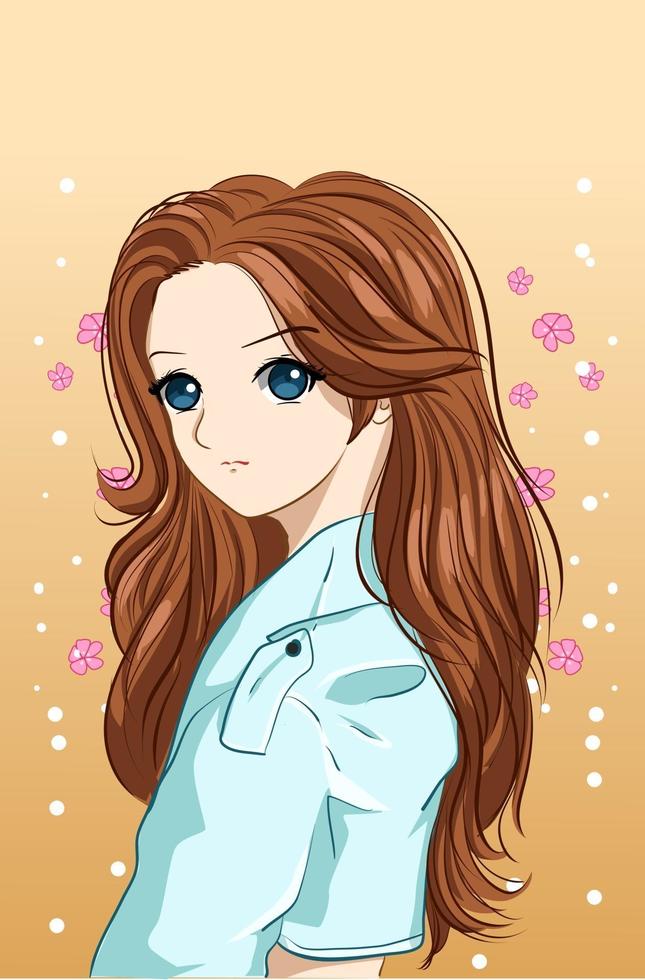 bella e graziosa ragazza con illustrazione di cartone animato capelli lunghi castani vettore