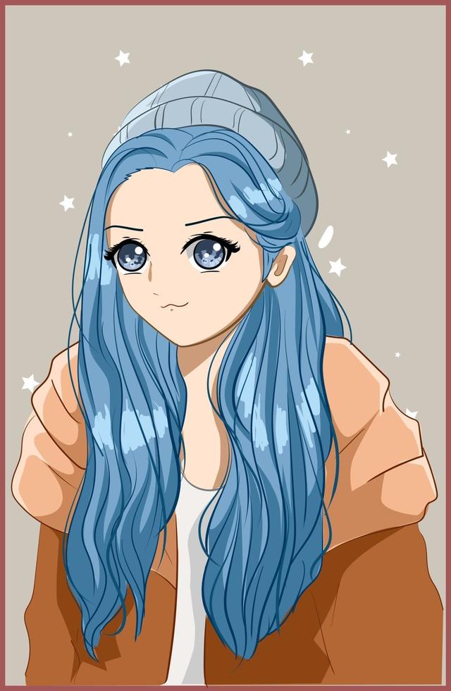 ragazza carina e bella con lunghi capelli blu in inverno vettore