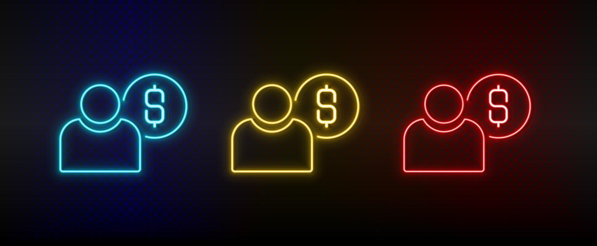 neon icona impostato dollaro, i soldi, utente. impostato di rosso, blu, giallo neon vettore icona su buio trasparente sfondo