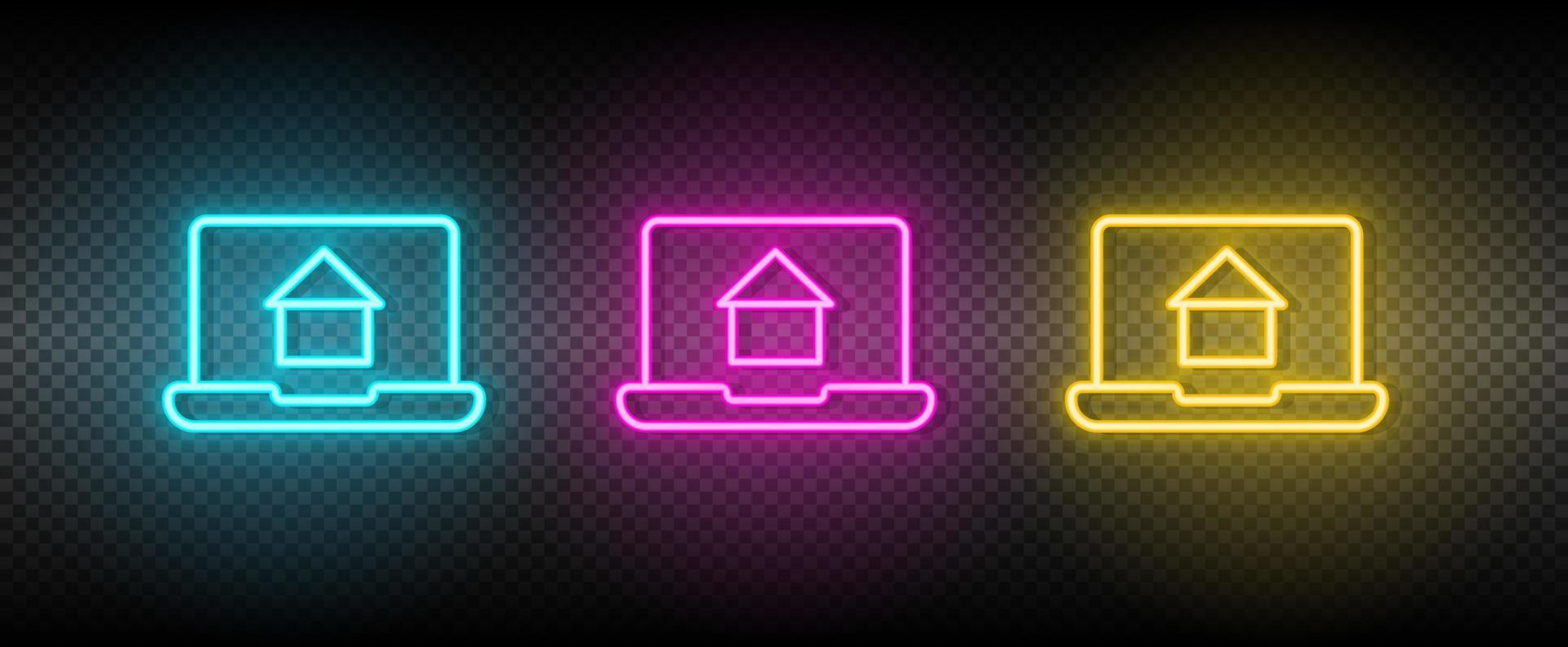 vero tenuta vettore computer portatile, vero, proprietà, pagina web. illustrazione neon blu, giallo, rosso icona impostato