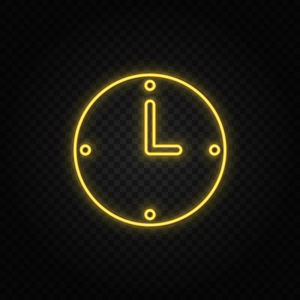 orologio, ora giallo neon icona .trasparente sfondo. giallo neon vettore icona su buio sfondo