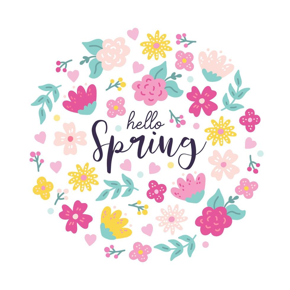 Ciao primavera saluto carta con fiori nel il forma di cerchio, vettore piatto mano disegnato illustrazione