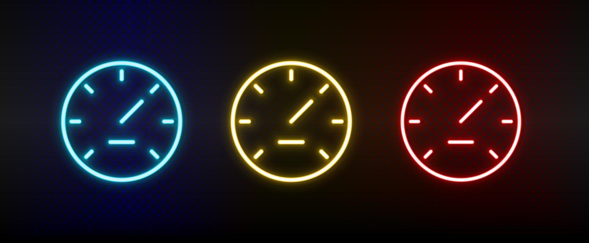 misura, prestazione, velocità neon icona impostare. impostato di rosso, blu, giallo neon vettore icona su buio trasparente sfondo