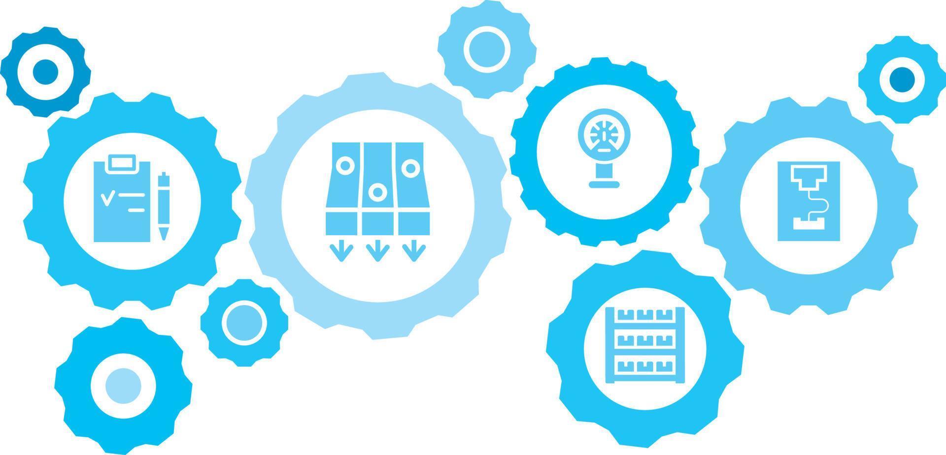 collegato ingranaggi e vettore icone per logistica, servizio, spedizione, distribuzione, trasporto, mercato, comunicare concetti. messa, produzione, 3d stampante Ingranaggio blu icona impostato su bianca sfondo