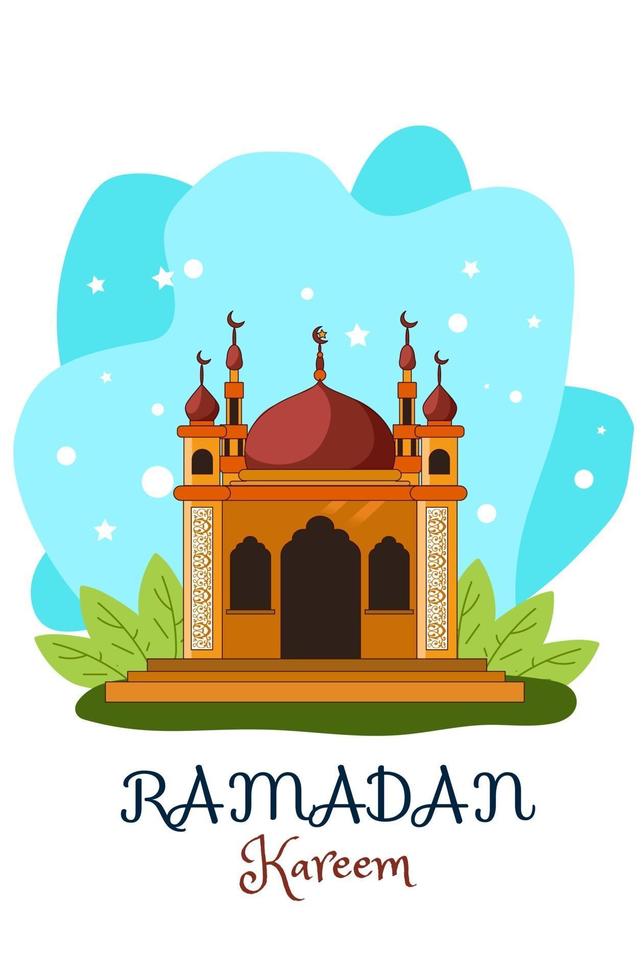 moschea marrone ramadan kareem con illustrazione di cartone animato sfondo blu vettore