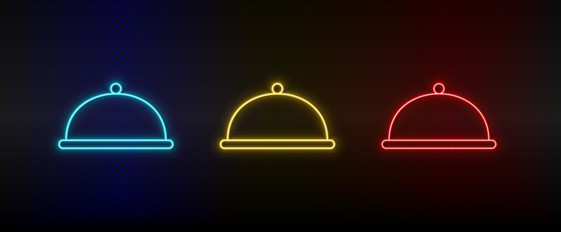 neon icona impostato cena, stoviglie. impostato di rosso, blu, giallo neon vettore icona su buio sfondo