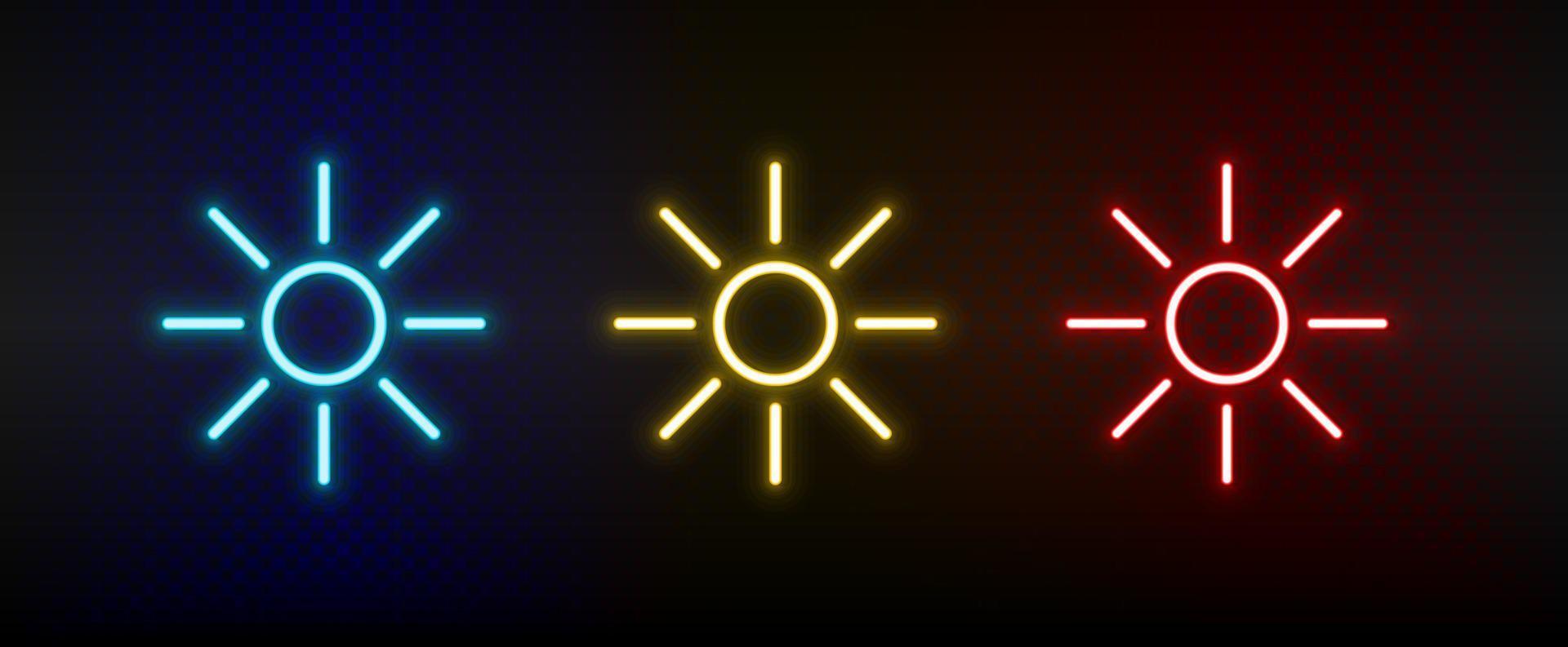 luminosità, sole neon icona impostare. impostato di rosso, blu, giallo neon vettore icona su buio trasparente sfondo