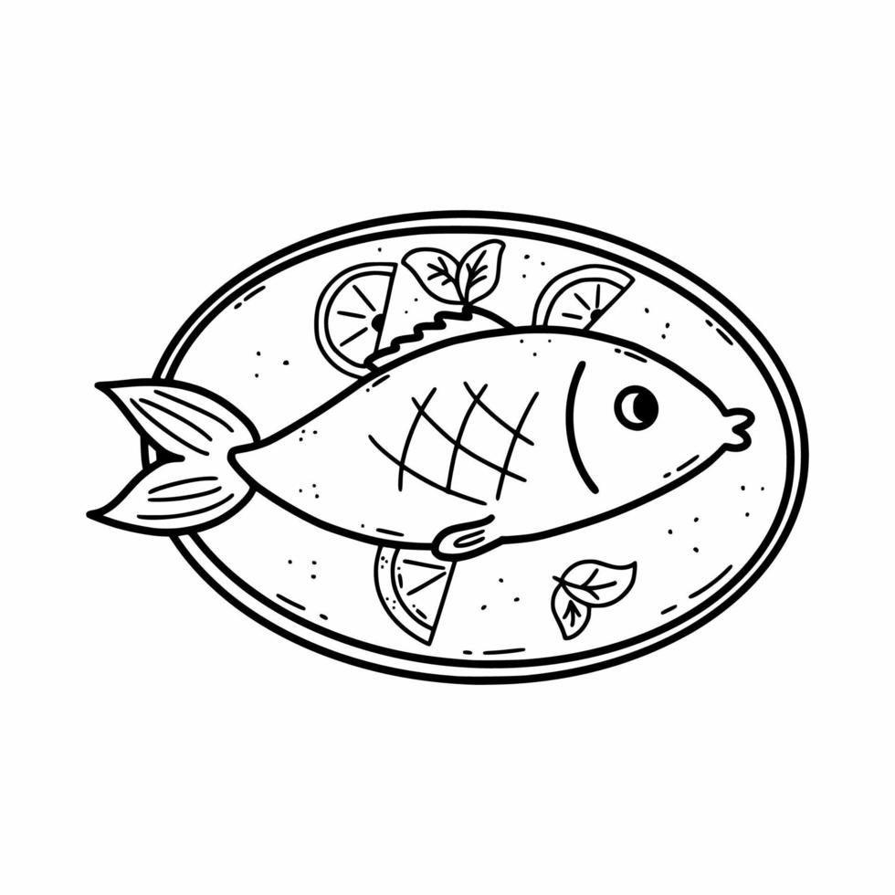 pesce con verdure su piatto. ristorante o bar menù. vettore scarabocchio illustrazione. schizzo. delizioso cibo.