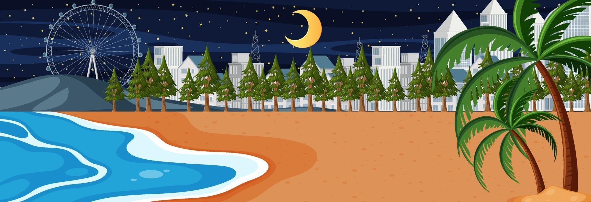 scena orizzontale della spiaggia di notte con lo sfondo della città vettore