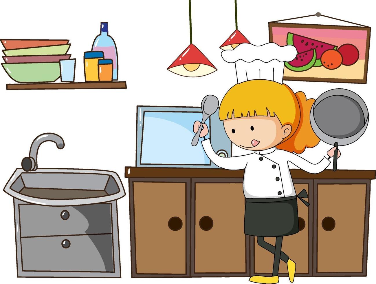 piccolo chef con attrezzature da cucina su sfondo bianco vettore