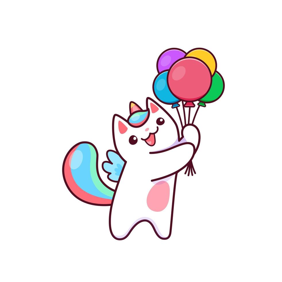 cartone animato carino kawaii caticorn con aria palloncini vettore