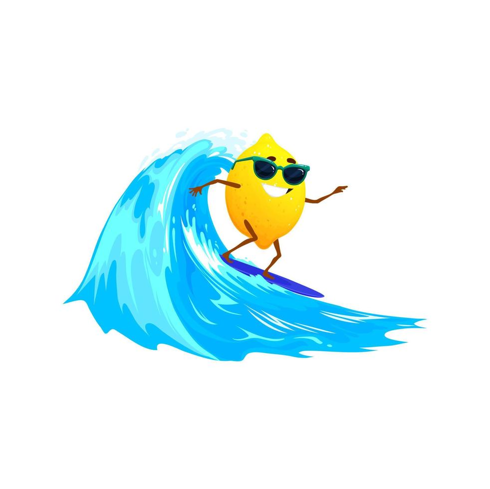 cartone animato surfer Limone personaggio equitazione grande onda vettore