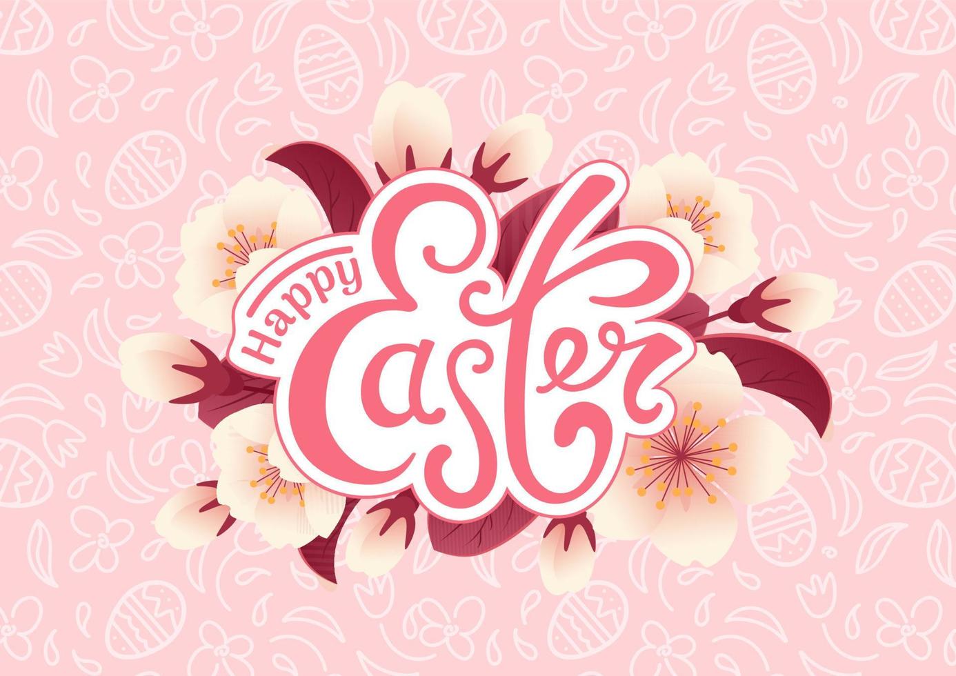 contento Pasqua. ciliegia fiorire realistico stile. rosa monocromatico modello cioccolato uova, fiori. scarabocchio stile. Vintage ▾ scritta. per manifesti, cartoline, pubblicità striscione, sito web, vendita volantino. vettore