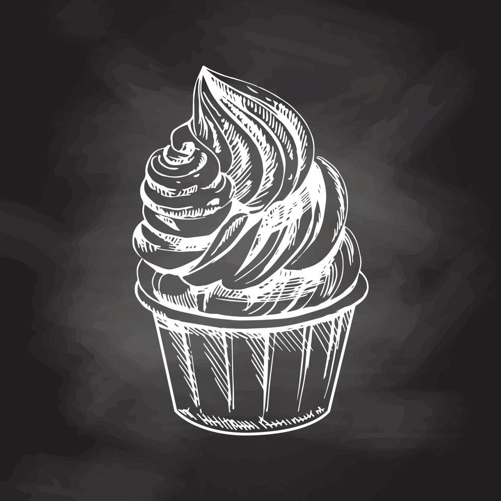 disegnato a mano schizzo di congelato Yogurt o morbido ghiaccio crema, Cupcake nel un' tazza isolato su lavagna sfondo, bianca disegno. vettore Vintage ▾ inciso illustrazione.