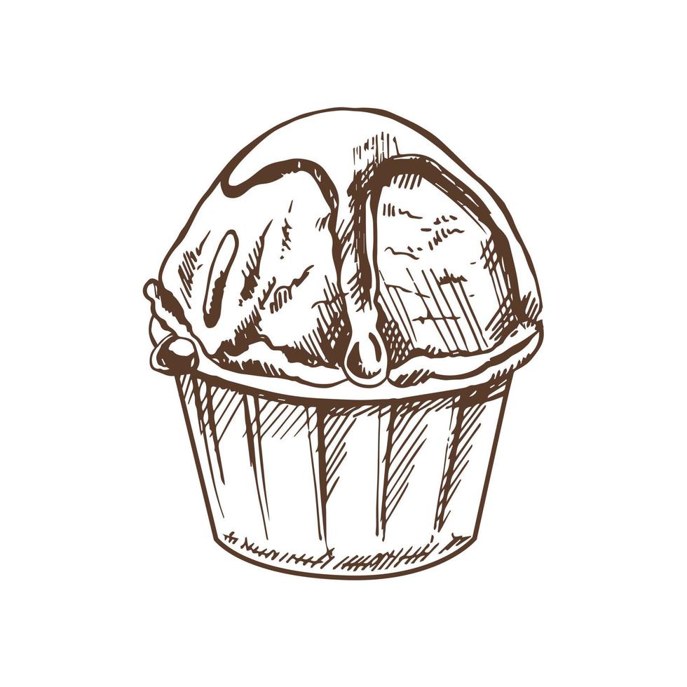 un' disegnato a mano schizzo di un ghiaccio crema, Cupcake con cioccolato salsa nel un' tazza. Vintage ▾ illustrazione. elemento per il design di etichette, confezione e cartoline. vettore