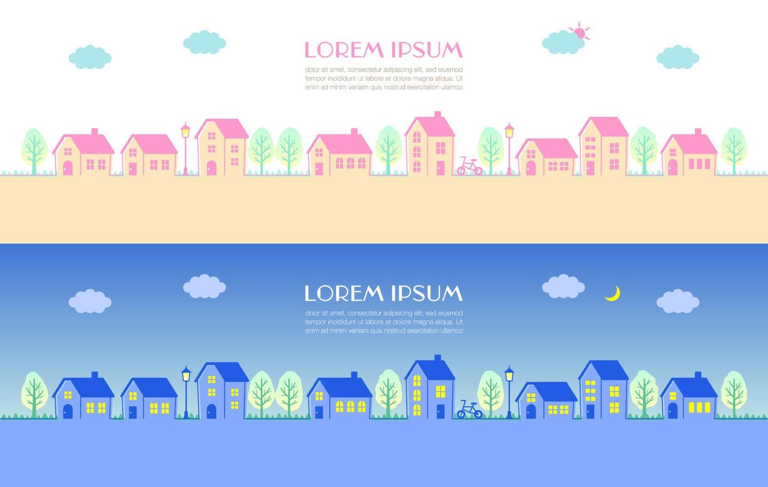impostato di orizzontale banner con carino case e alberi. vettore illustrazione
