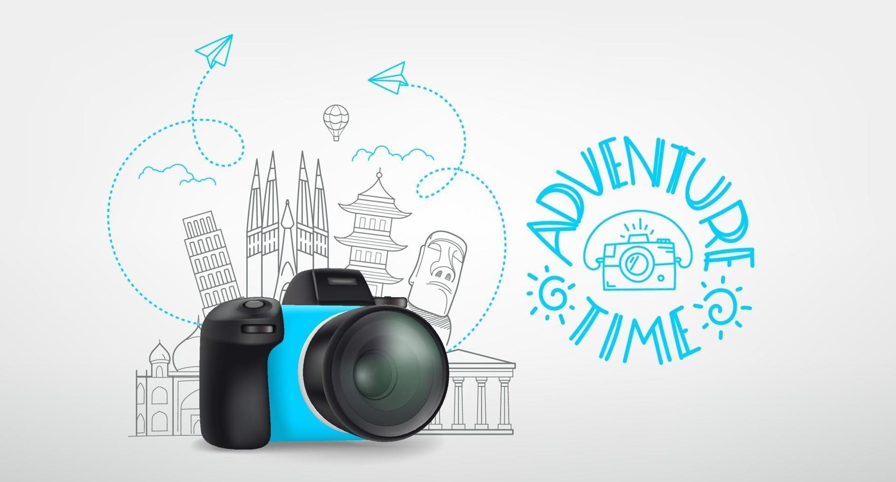 concetto di viaggio per il mondo con fotocamera digitale e logo. tempo di avventura vettore