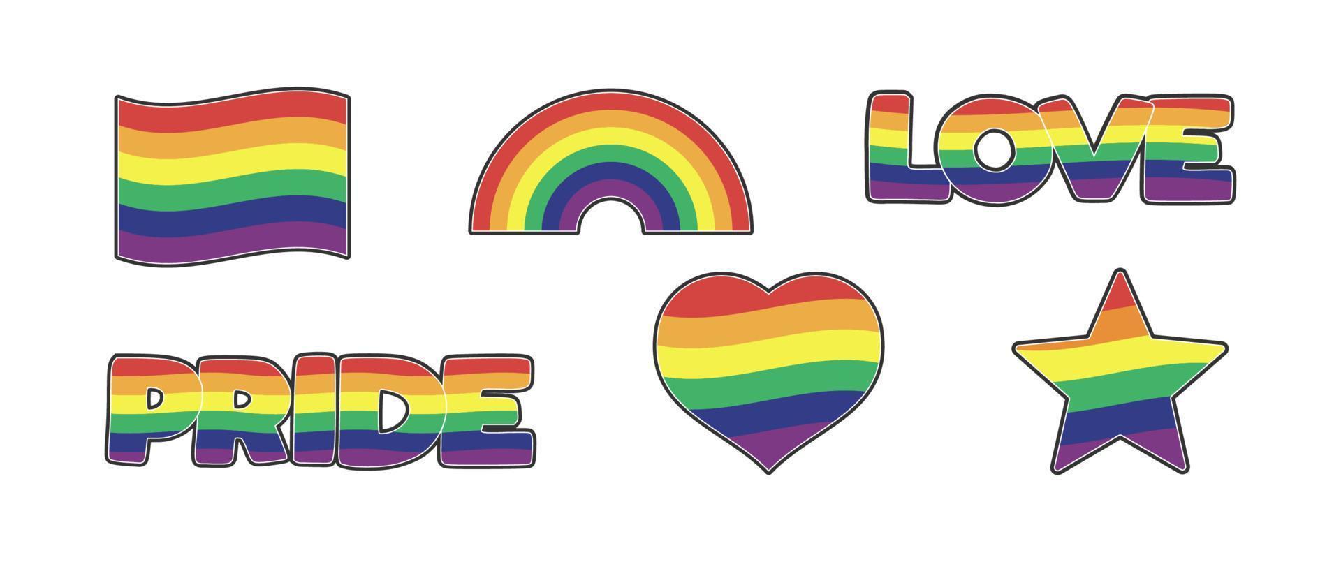 impostato di LGBTQ Comunità adesivi con bandiera, stella e cuore forme con arcobaleno colori. orgoglio mese simboli e slogan. gay parata icone. vettore
