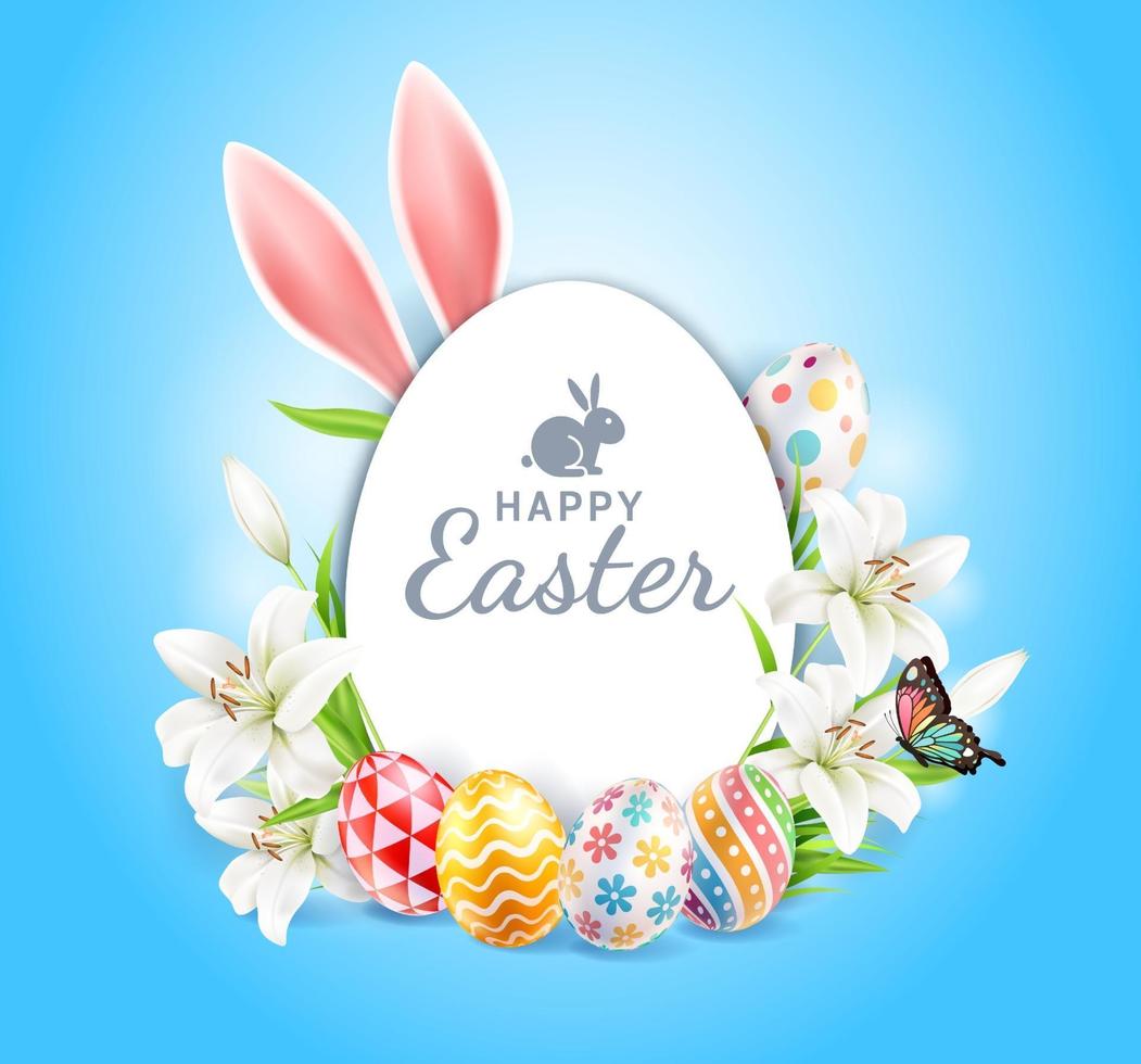 felice giorno di pasqua uova di pasqua colorati diversi e modelli texture e orecchie di coniglio con fiori di gigli e farfalle su sfondo di colore blu. illustrazioni vettoriali. vettore