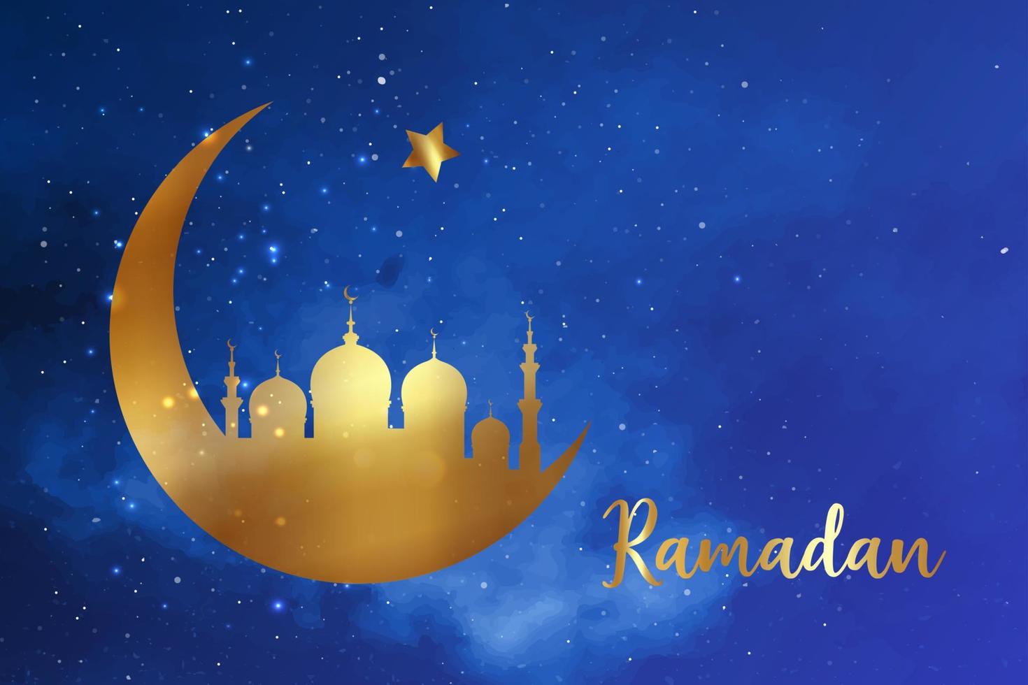 Ramadan concetto nel mezzaluna Luna forma con Arabo islamico moschea per santo mese di musulmano Comunità Festival celebrazione, vettore oro silhouette isolato su blu stellato cielo sfondo