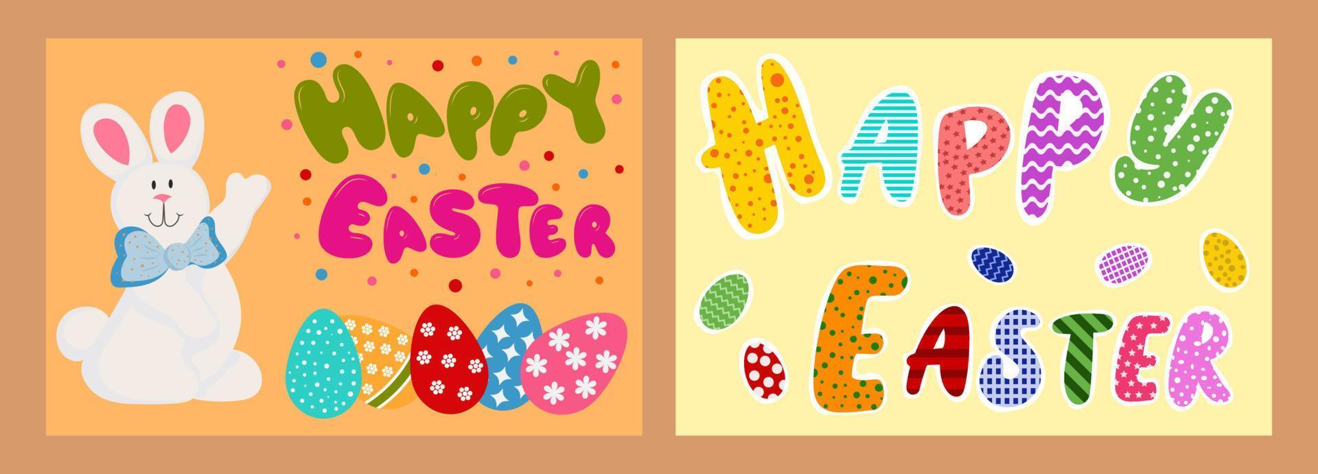 Due luminosa contento Pasqua carte, con un' coniglio, Pasqua uova e un' luminosa multicolore iscrizione. vettore