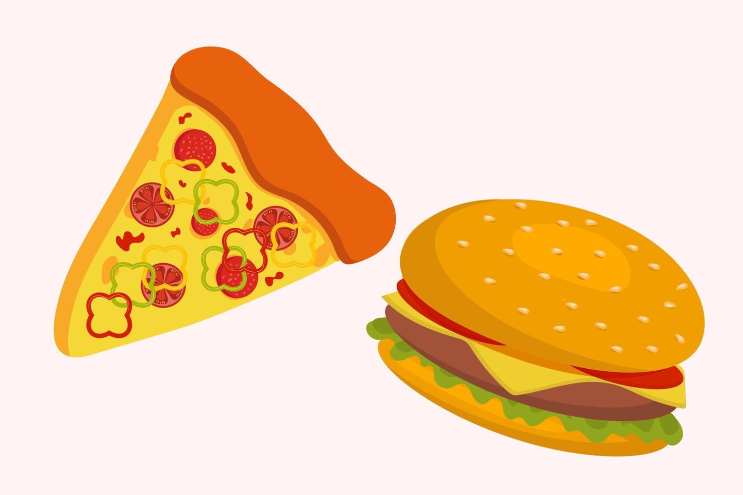 classico Pizza e Hamburger avvicinamento. veloce cibo, Hamburger, Sandwich. design per manifesti, menù, ristorante, Annunci. vettore