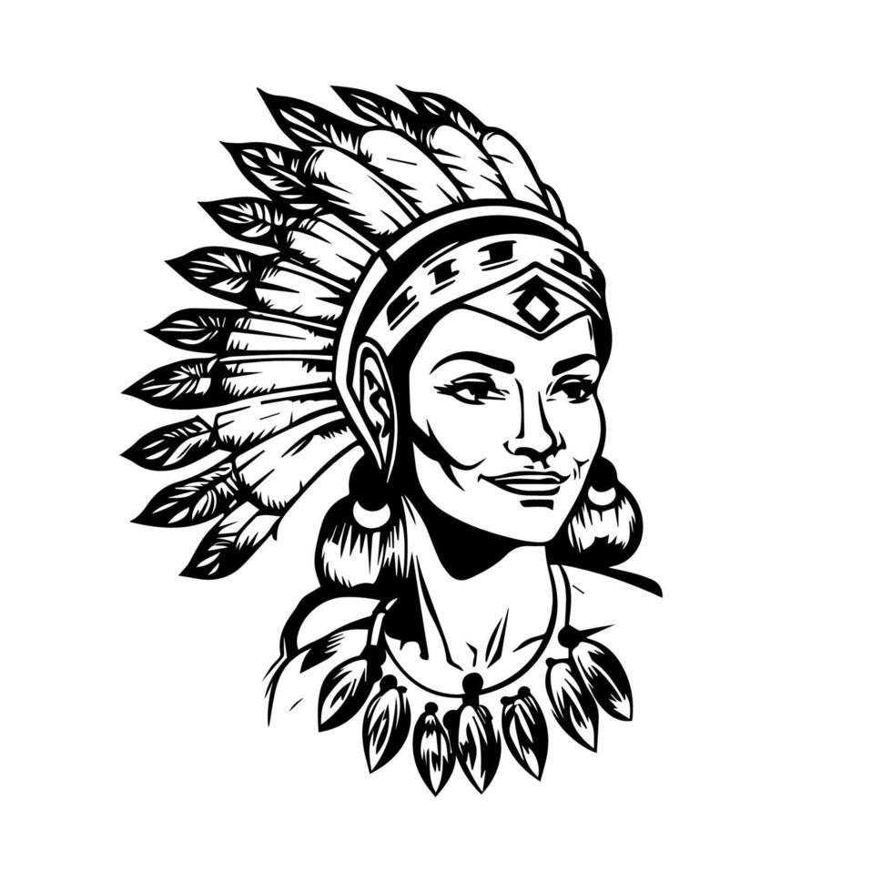 un' sbalorditivo mano disegnato illustrazione di un' bellissimo ragazza indossare un indiano capo copricapo, con intricato dettagli e ombreggiatura vettore