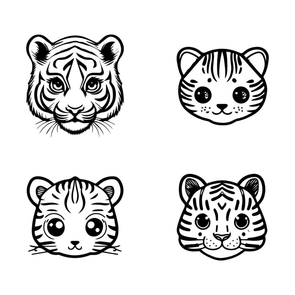 carino anime tigre testa logo collezione impostato mano disegnato linea arte illustrazione vettore