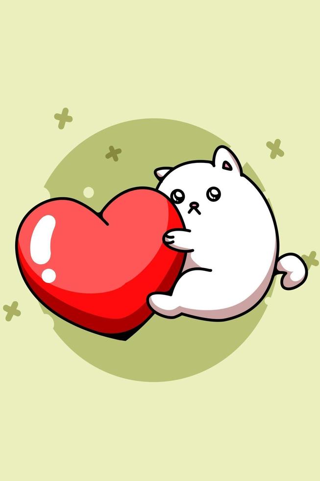 un simpatico gatto che abbraccia un'illustrazione di cartone animato grande cuore vettore