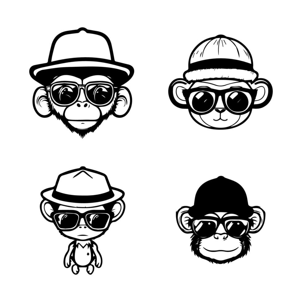 ottenere pronto per partire banane al di sopra di Questo carino kawaii scimmia logo collezione. ogni illustrazione Caratteristiche un' amante del divertimento scimmia sportivo elegante occhiali da sole per un' toccare di fantasia e fascino vettore