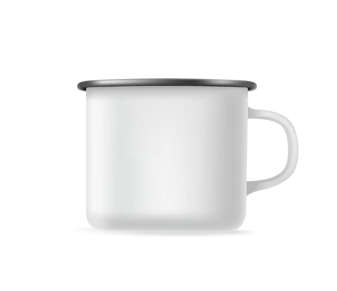 mockup di tazza di metallo realistico bianco isolato su priorità bassa bianca vettore