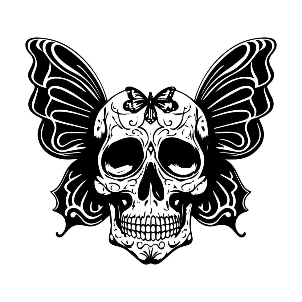 un' sbalorditivo nero e bianca linea arte illustrazione di un' cranio con un' farfalla corpo, intricatamente mano disegnato per catturare suo bellezza e mistero vettore