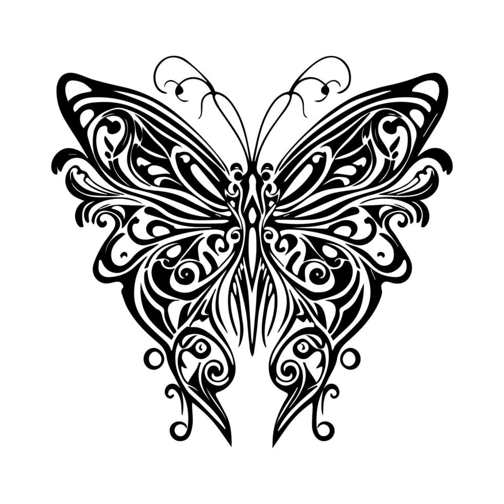 un' bellissimo farfalla tribale tatuaggio con intricato linea arte, mano disegnato illustrazione Perfetto per il tuo Il prossimo tatuaggio design vettore