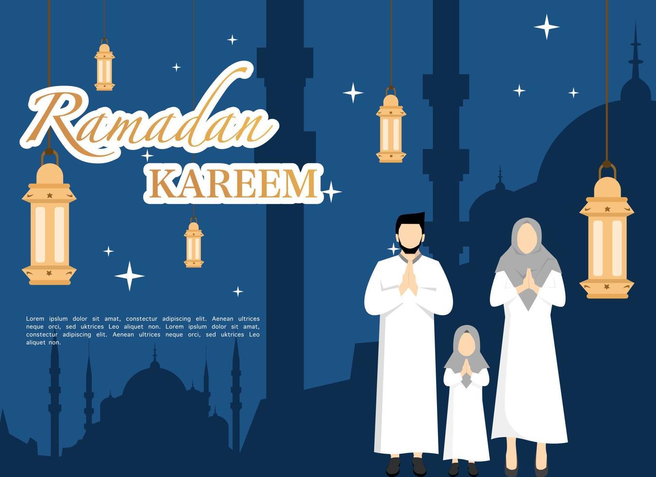 Ramadan kareem congratulazione concetto con famiglia personaggi, Ramadan concetto illustrazione. contento musulmano persone festeggiare il santo mese di Ramadan, eid saluti. vettore illustrazione