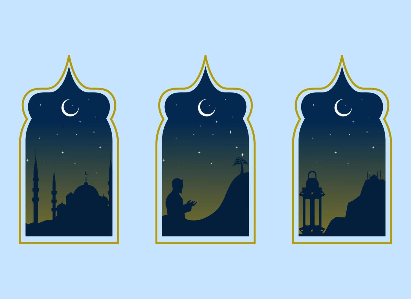 Ramadan kareem illustrazione con moschea silhouette e luce stellare e Luna, sfondo attività commerciale etichetta, invito modello, sociale media, eccetera. Ramadan kareem a tema piatto vettore illustrazione.