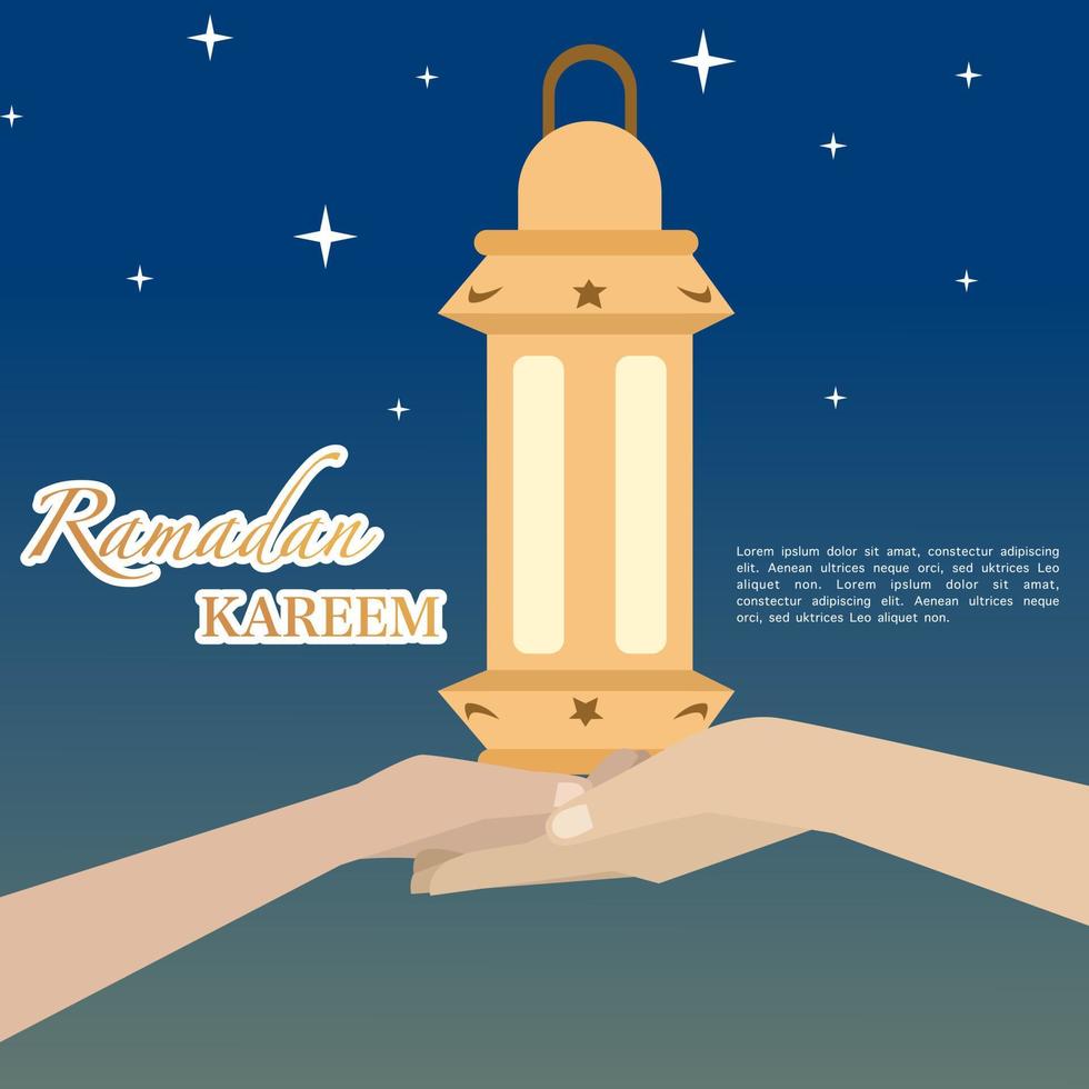 illustrazione di Ramadan kareem con mano dando lanterna, sfondo attività commerciale etichetta, invito modello, sociale media eccetera. Ramadan kareem a tema piatto vettore illustrazione.