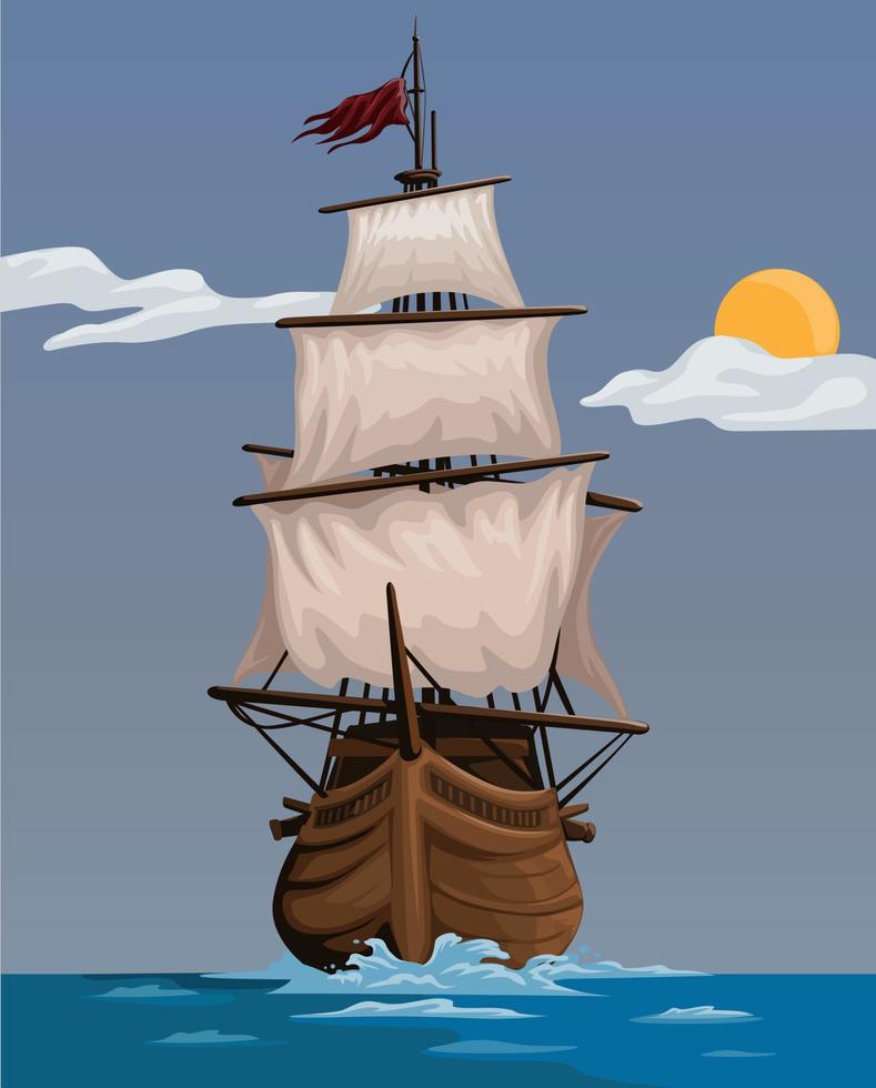 pirata nave di legno antico moto d'acqua cartone animato illustrazione vettore