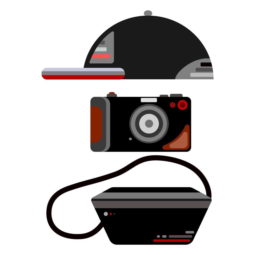 berretto, Vintage ▾ telecamera, e passeggeri Borsa su bianca sfondo nel piatto vettore illustrazione design
