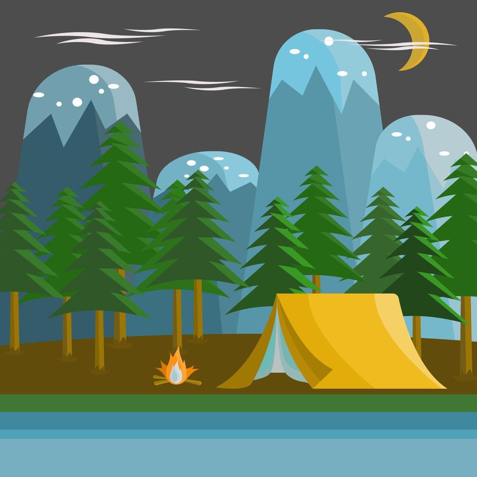 notte campeggio paesaggio piatto vettore illustrazione design