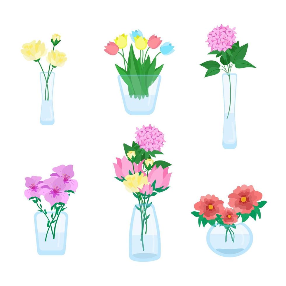 set di diversi mazzi di fiori in vasi di diverse forme, bellissimi fiori, vasi minimalisti di vetro, illustrazione vettoriale in stile piano.