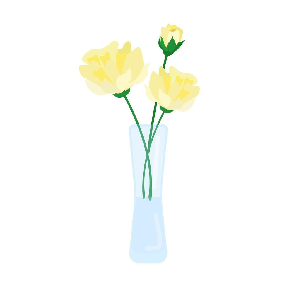 bellissimi fiori in un vaso, un mazzo di rose gialle graziosi fiori da giardino, oggetto vettoriale in uno stile piatto su uno sfondo bianco.