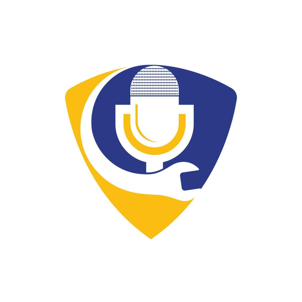 riparazione Podcast vettore logo design. chiave inglese e mic icona design.