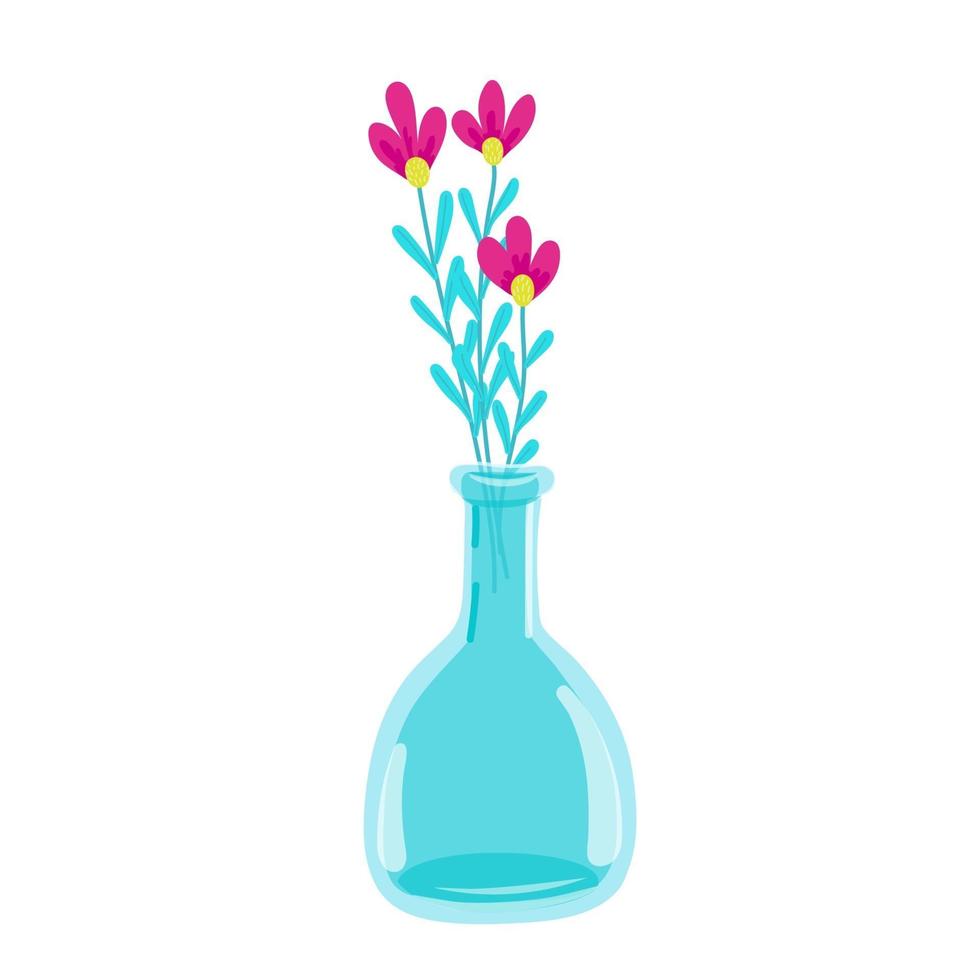 fiori in un vaso di vetro alto, brocca di vetro, piccoli fiori viola delicati, fiori primaverili, illustrazione vettoriale in stile cartone animato, piatto.